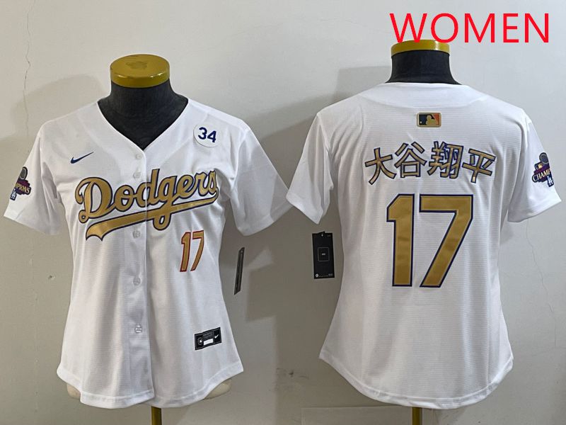 Women Los Angeles Dodgers 17 Ohtani White Champion gold character 2025 Nike MLB Jersey style 7